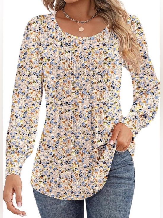 Tops - Women's Floral Long Sleeve Scoop Neck Pleated Top - Blue & Pink Sz M